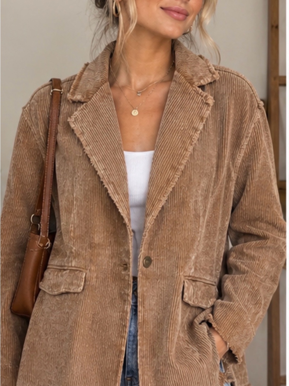 POL Brown Corduroy Blazer Jacket Raw Edge Boho Large